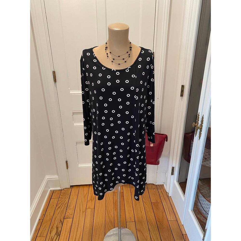 Chico's‎ Black White Polka Dot Scoop Neck 3/4 Sleeve Tunic Top Size 2 Large